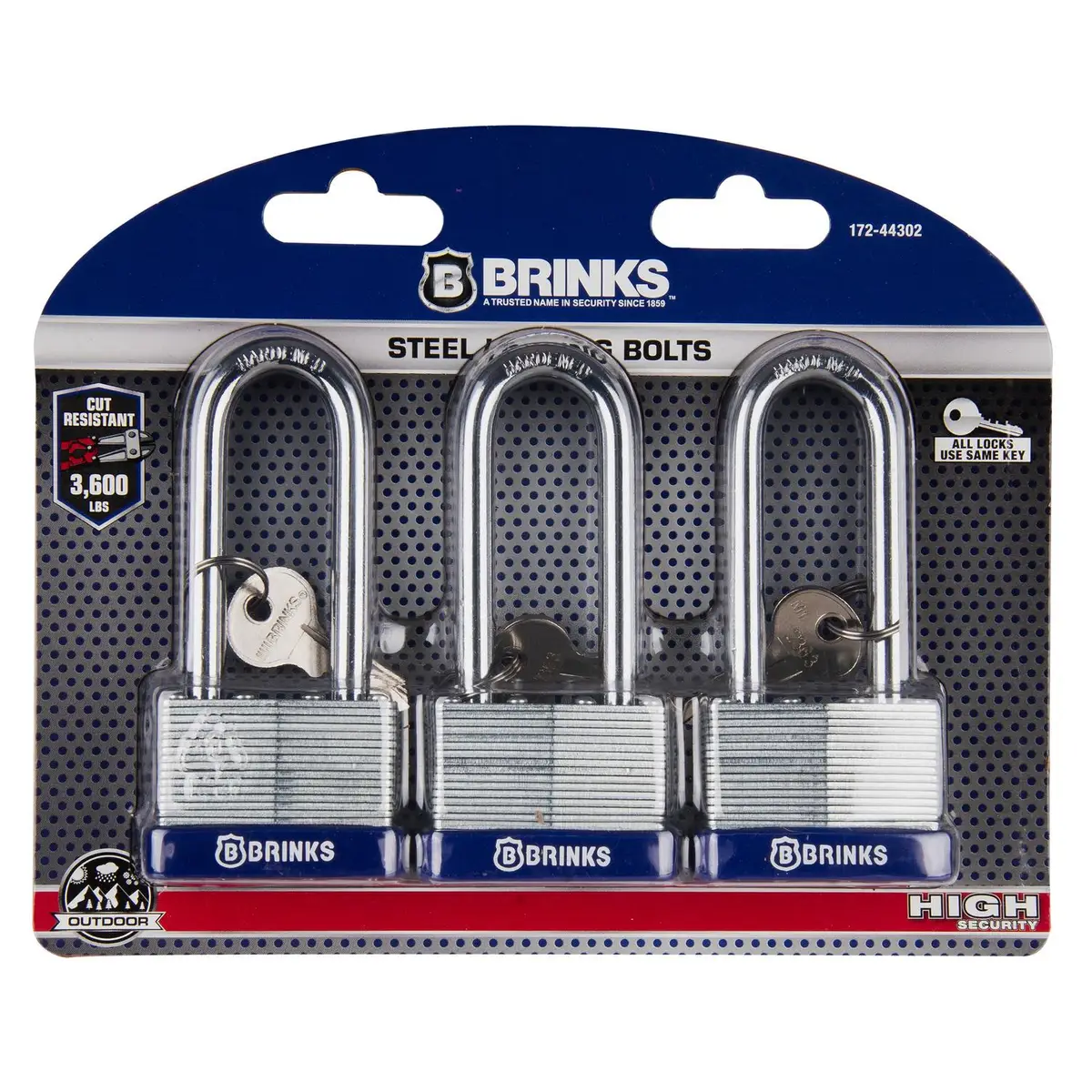 BRINKS 3-Pack 44MM 2-3/8" Shackle Laminated Steel Keyed Padlock