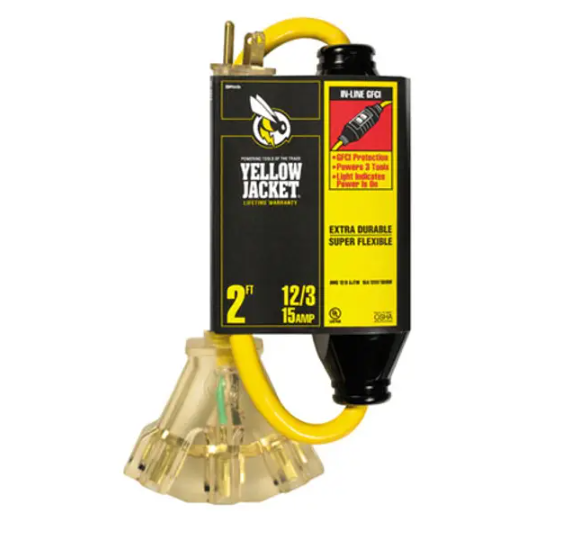 YELLOW JACKET 2' 12/3 Yellow Power Block with GFCI