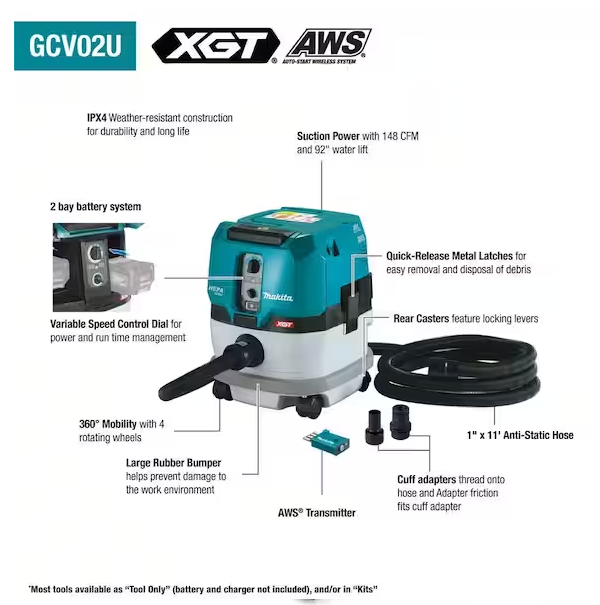 Makita 40V max XGT Brushless Cordless 2.1 Gallon HEPA Filter Dry Dust Extractor, with AWS (Tool Only)