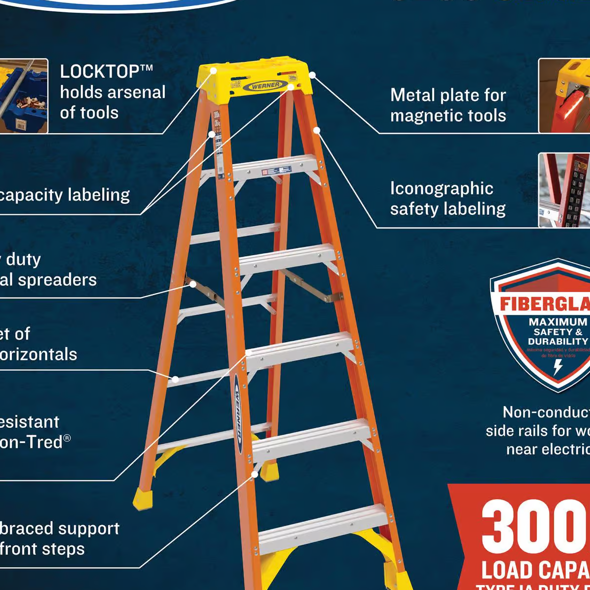 Werner 8 ft. H Fiberglass Step Ladder Type IA 300 lb. capacity