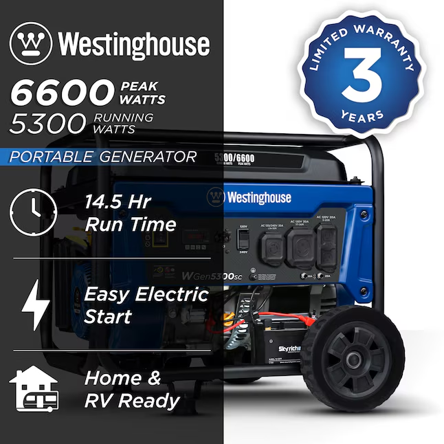 Westinghouse WGen5300sc Electric Start 6600 / 5300-Watt Single Fuel (Gasoline) Portable Generator