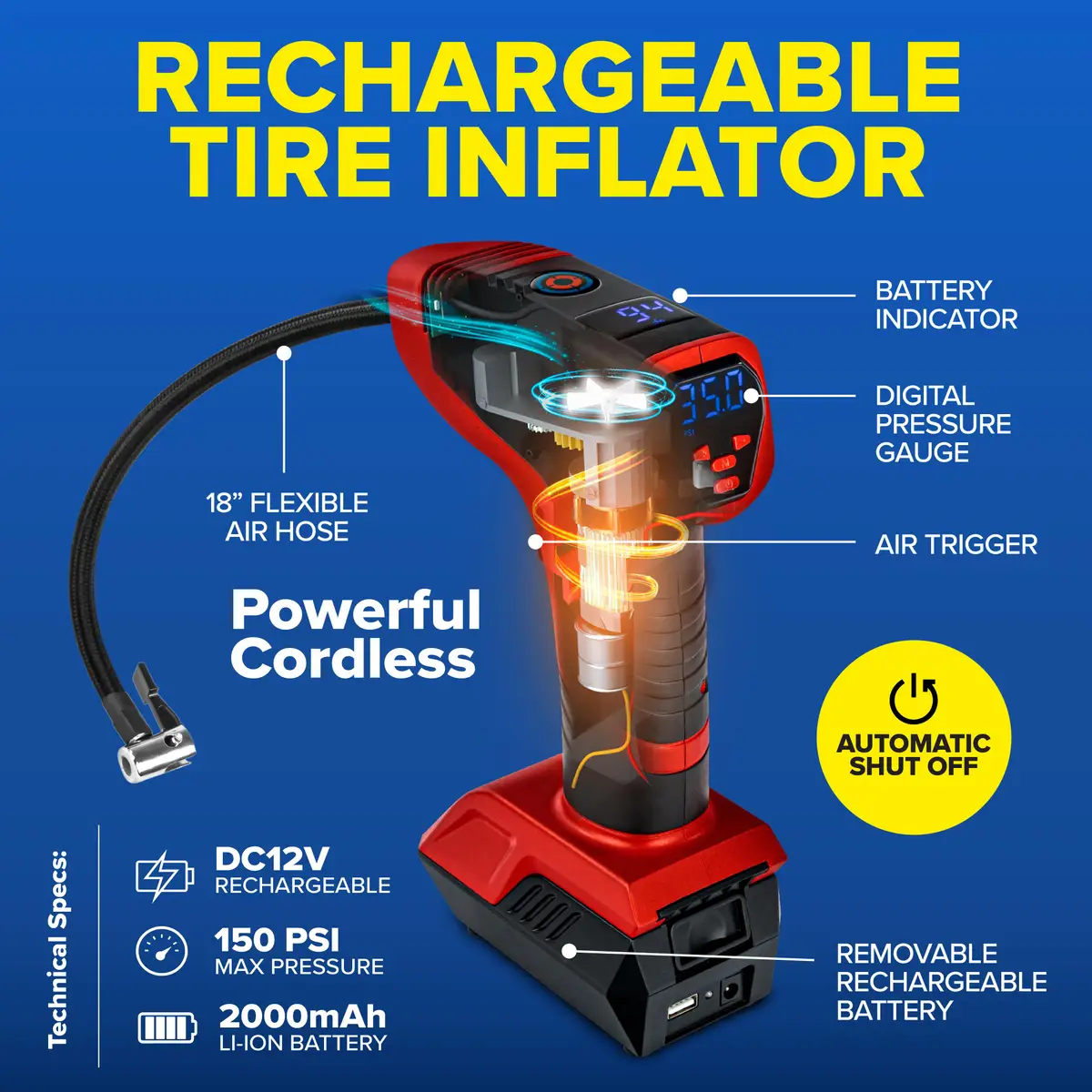 Bullseye Pro 12V Portable & RechargeableTire Inflator