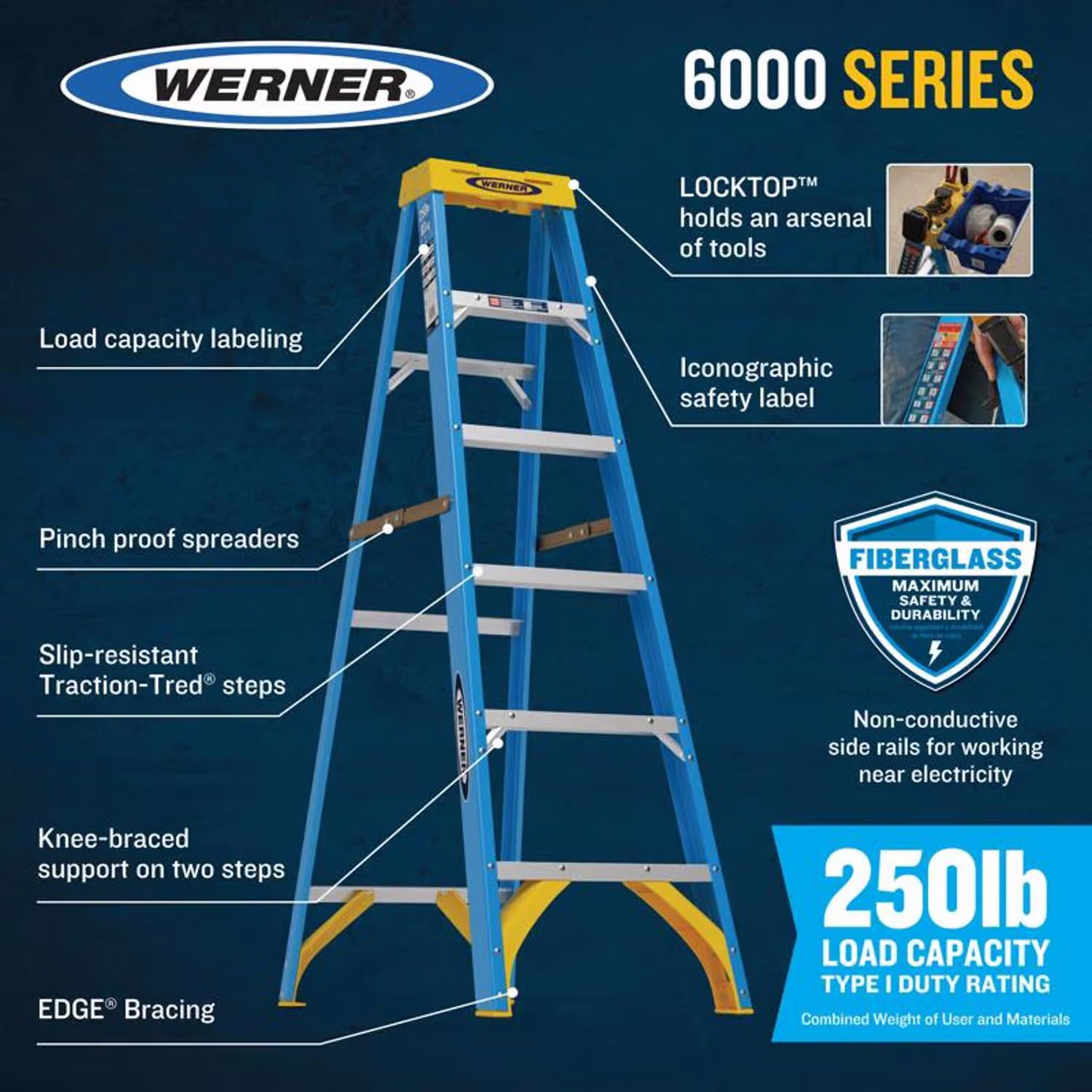 Werner 8 ft. H Fiberglass Step Ladder Type I 250 lb. capacity