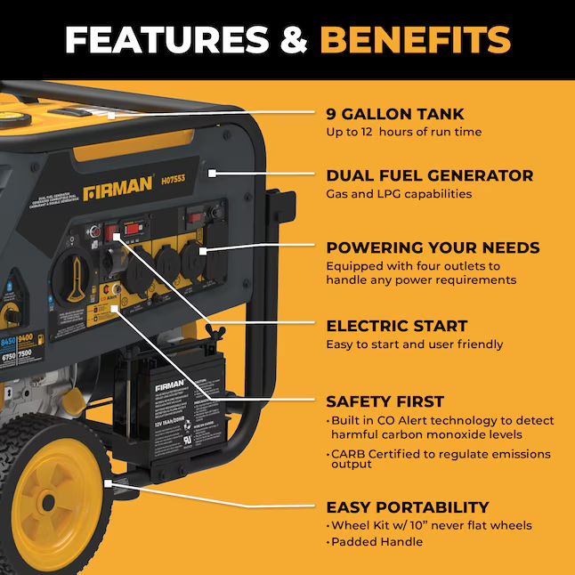Firman Hybrid 9400 / 7500-Watt Dual Fuel (Gasoline/Propane) Portable Generator - H07553