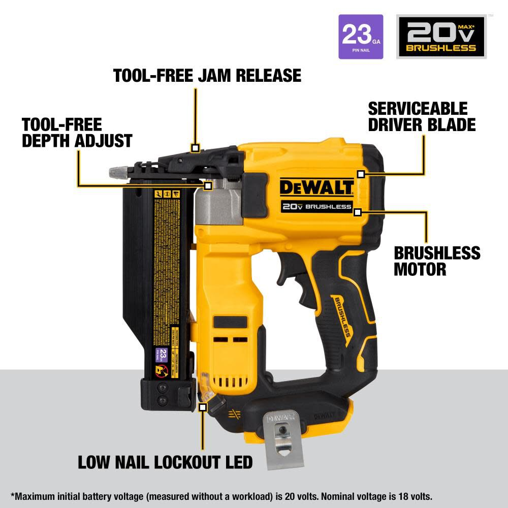 DEWALT ATOMIC Compact Series 20V MAX Pin Nailer 23 Gauge (Bare Tool)